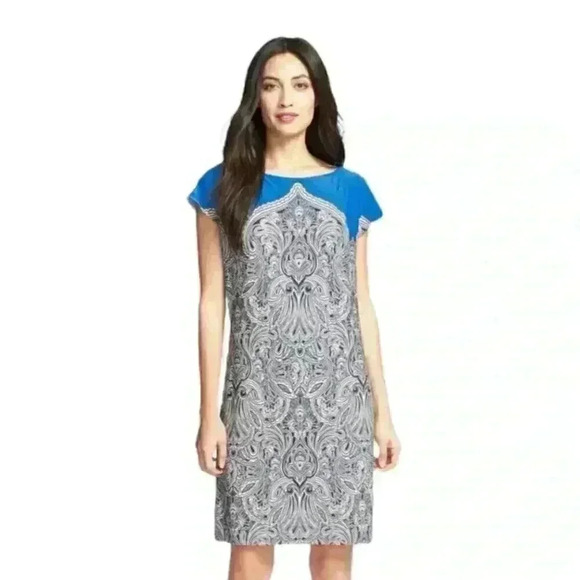 Adrianna Papell Print Jersey Shift Dress Blue Baroque Pattern Size 6 - Picture 2 of 8